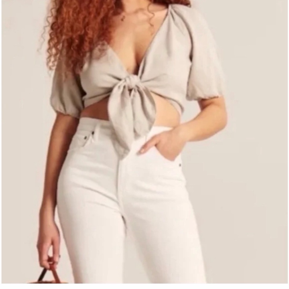 Abercrombie & Fitch Cream Tie-Front Crop Top